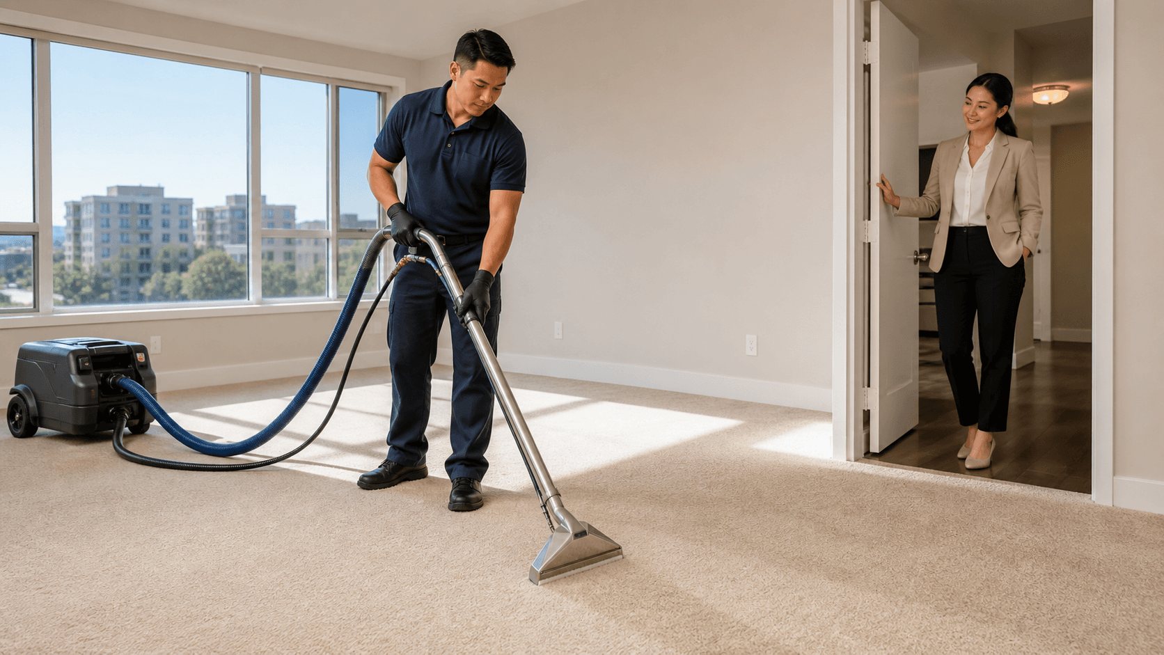 Sunlit beige carpet being professionally steam-cleaned in a bright, modern empty living room.