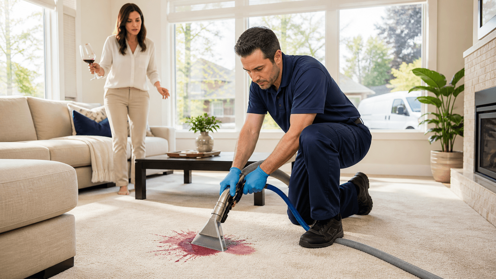 Sunlit beige carpet with a red wine spill beside cleaning spray, cloths, and a small brush.