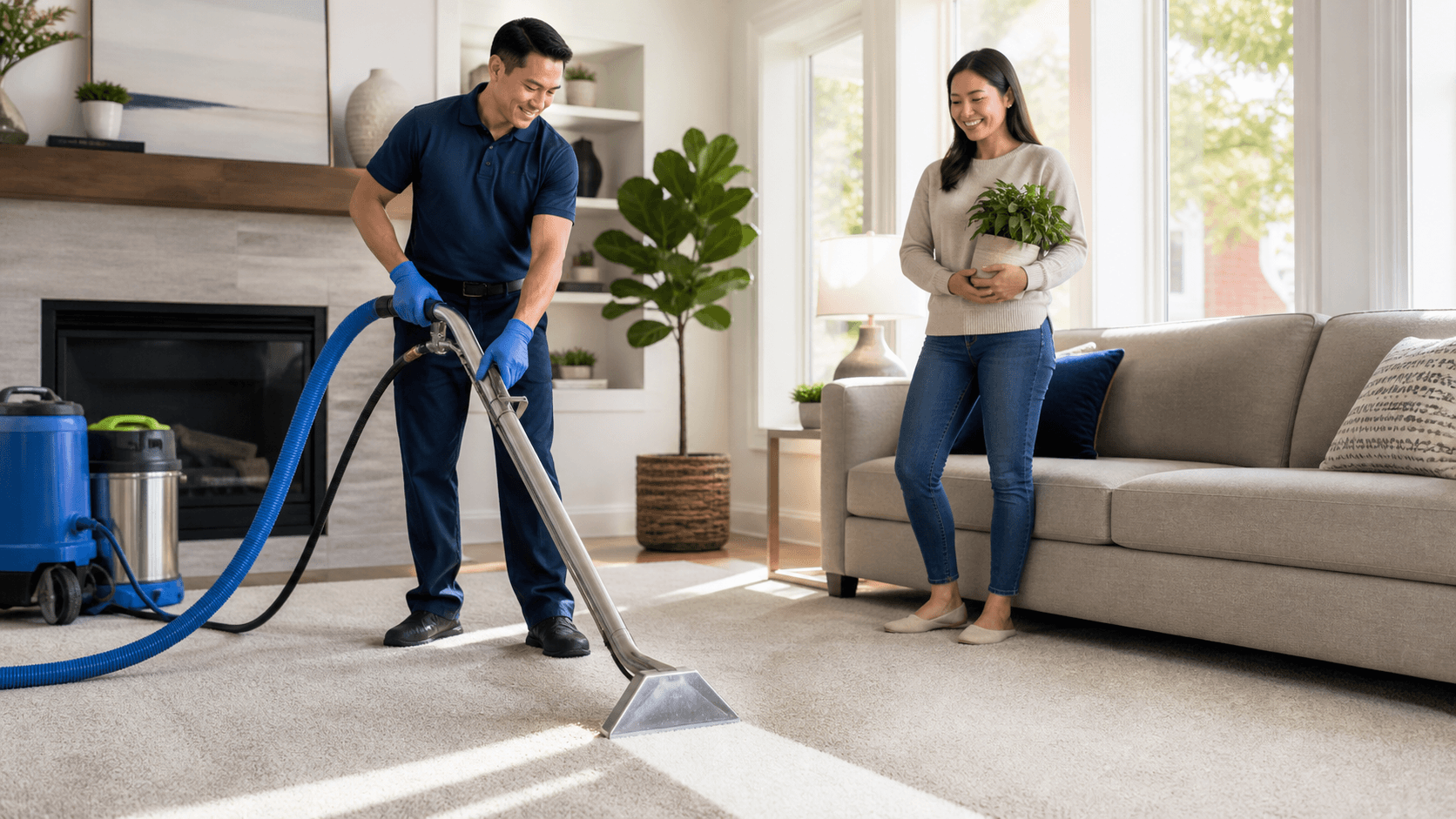 Sunlit modern living room with a beige carpet being cleaned by a professional using a steam vacuum.