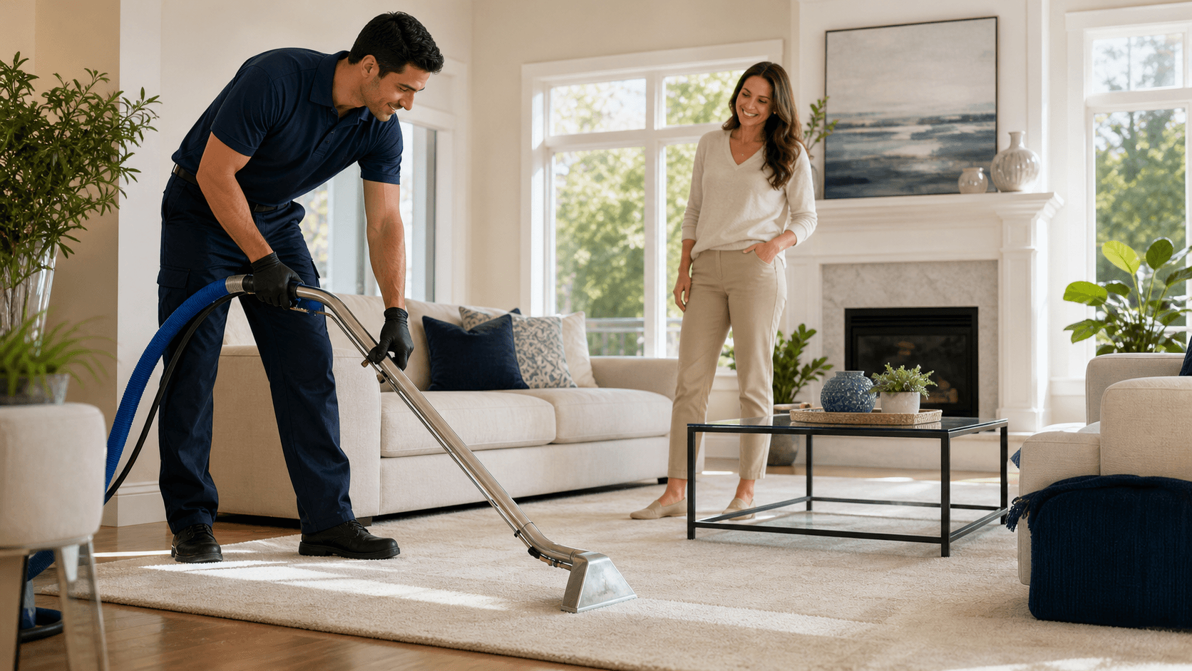 Sunlit living room with a cleaner vacuuming a beige carpet beside a gray sofa and potted plant.