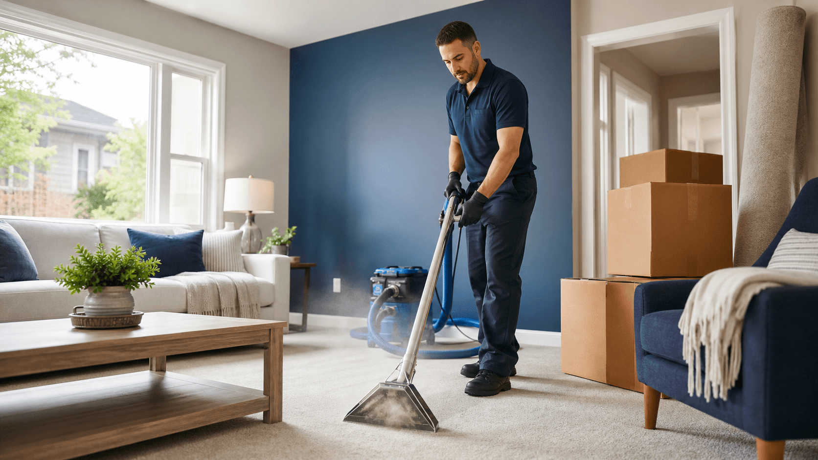 Sunlit modern living room with a worker steam-cleaning a beige carpet beside freshly renovated white walls.