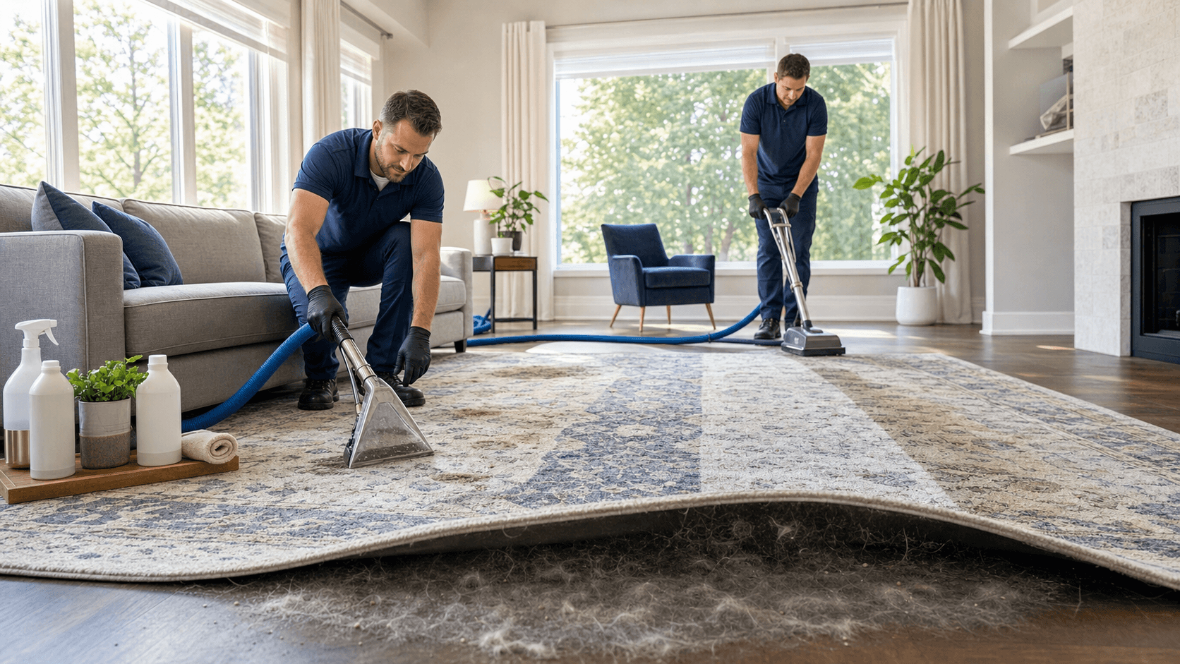 Sunlit living room with a patterned area rug on hardwood, vacuum and cleaning tools placed nearby.