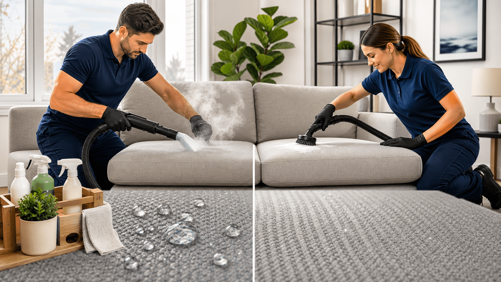 Split view of a steam cleaner nozzle and dry foam brush on a beige sofa, with blue and tan lighting.