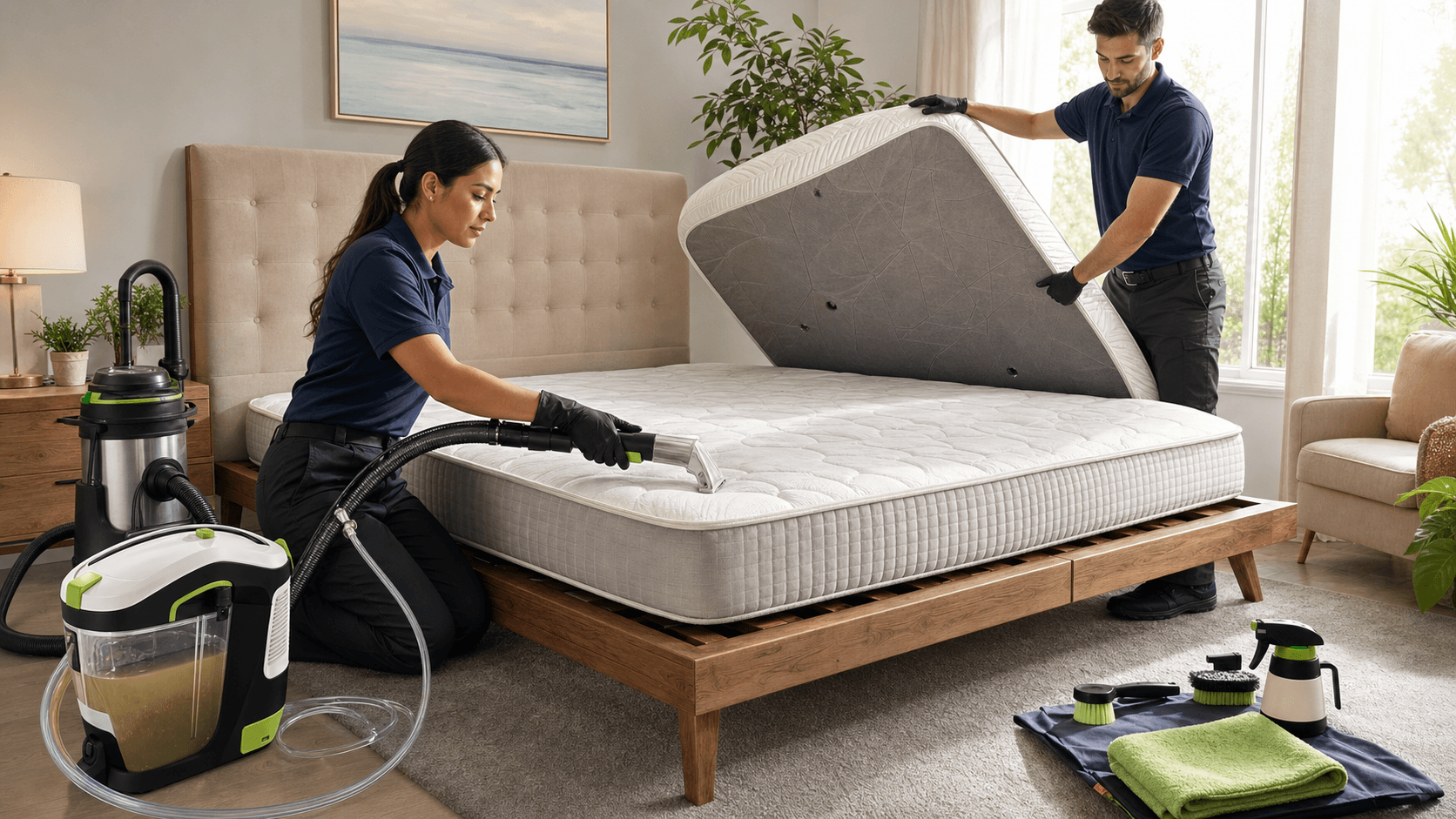 Gloved hand vacuums a white mattress with an upholstery nozzle in a bright bedroom, close-up shot.