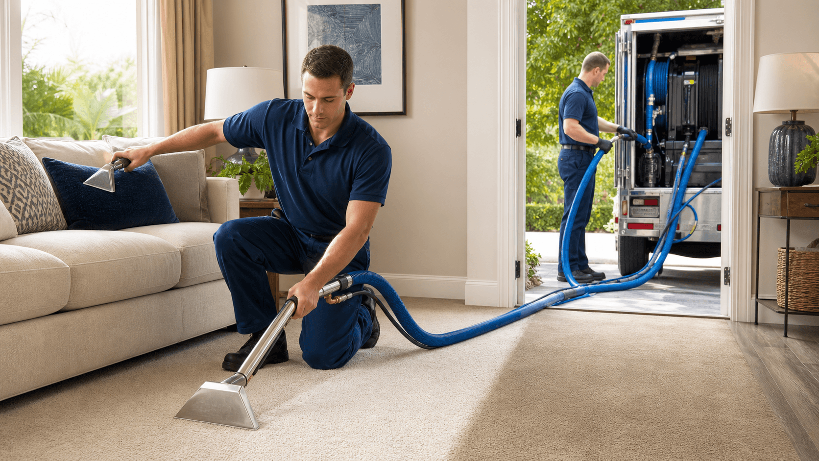Gloved hands use a carpet cleaning wand on beige carpet, with sunlight casting soft shadows across the floor.