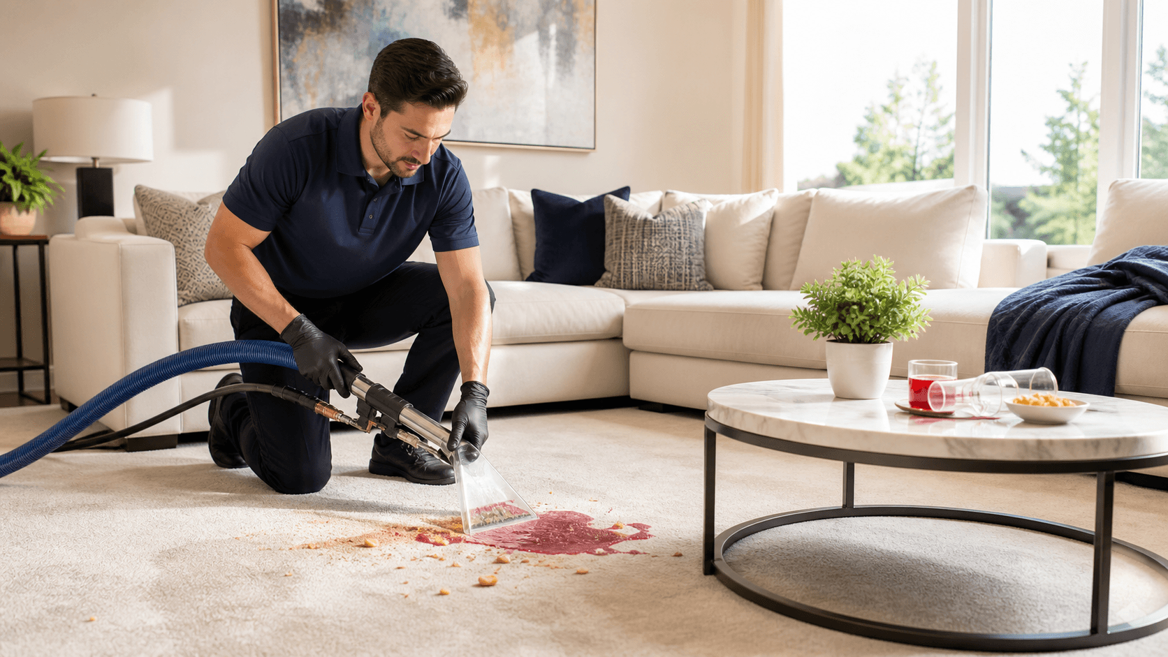 Sunlit living room carpet with colorful drink spills beside a tipped glass and cleaning supplies.