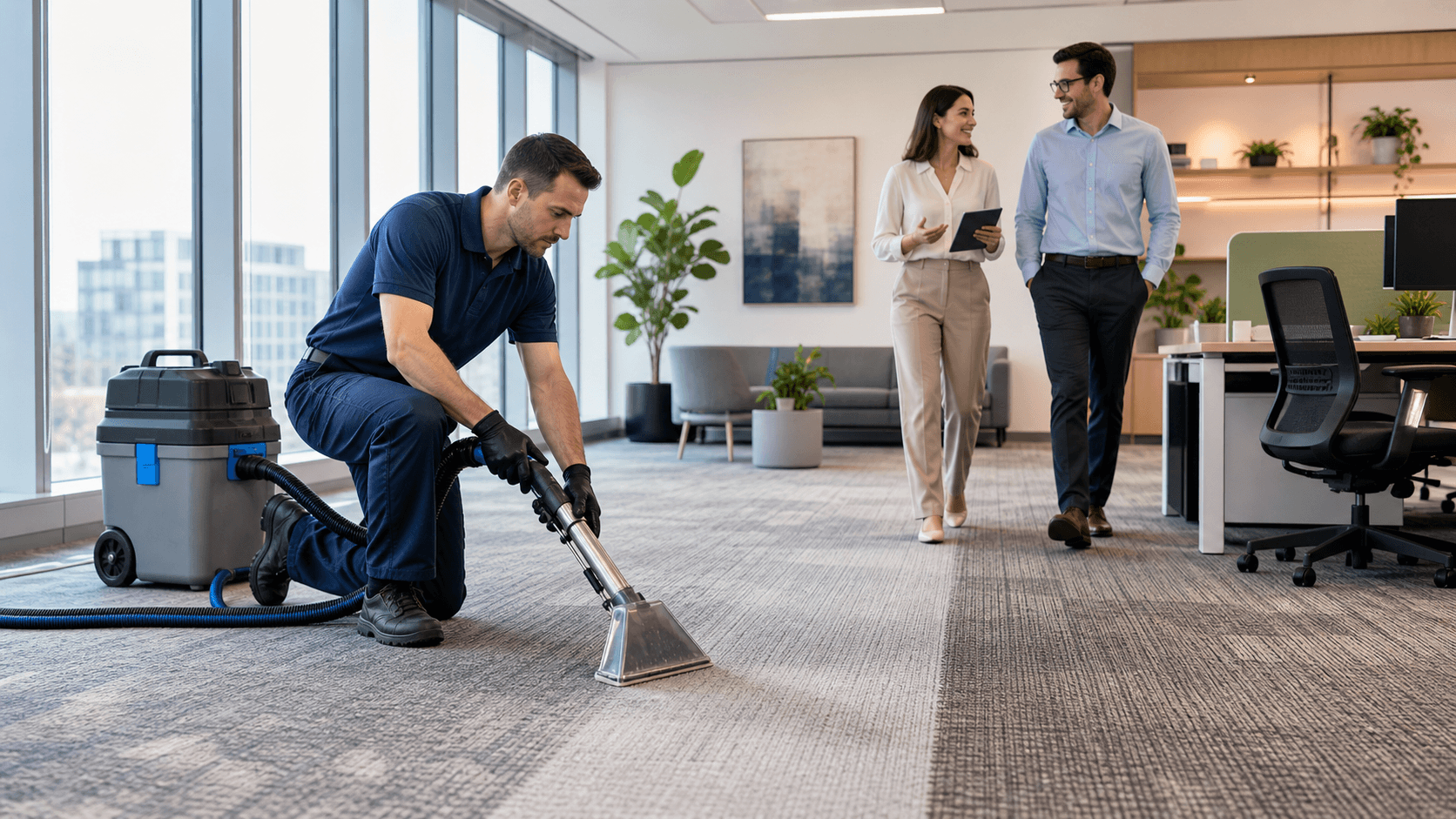 Bright modern office with gray carpet and a vacuum cleaner in the foreground, sunlight streaming through large windows