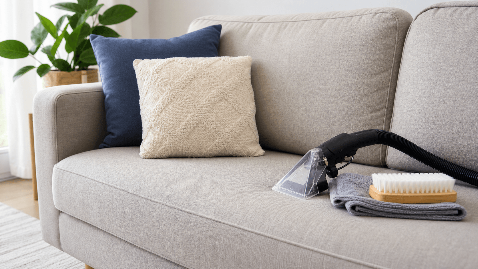 Bright living room with a gray sofa, cleaning spray and brush on a coffee table, sunlight streaming through windows